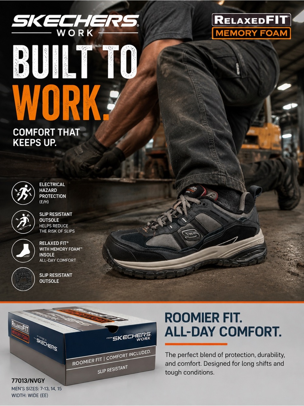 Skechers Work Men's Black and Gray Relaxed Fit Memory Foam Shoe
